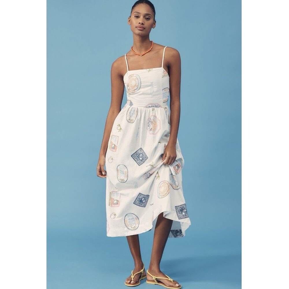 Anthropologie Damson Madder Midi Ivory Preppy Dress  Embroidered Size 16 New